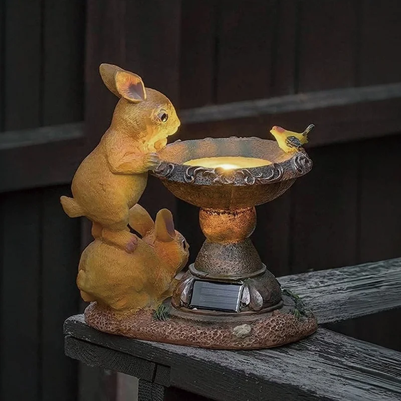 SM231045 Solar Rabbit Resin Statue Freestanding Animal Bird Bath Light