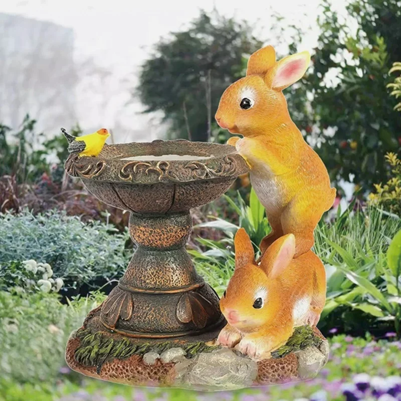SM231045 Solar Rabbit Resin Statue Freestanding Animal Bird Bath Light_3