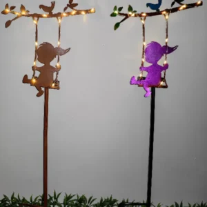 SM231131 Metal Iron Decorative Solar Stake Light with Animal, Bird, Branch, Leaf, and Girl Design