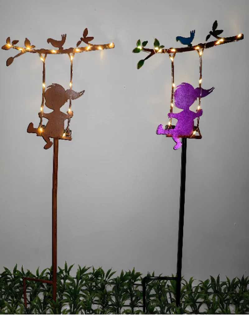 SM231131 Metal Iron Decorative Solar Stake Light with Animal, Bird, Branch, Leaf, and Girl Design