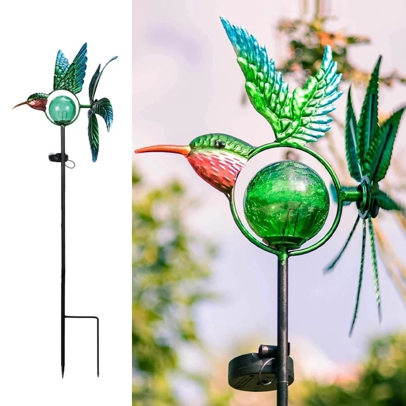 SM231356 Plastic PP Hummingbird Bird Solar Stake Light with Windmill Animal