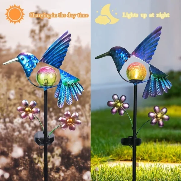 SM23192 Glass Hummingbird Solar Stake Light with Metal Iron Animal Design