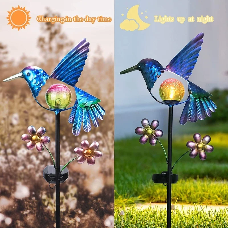 SM23192 Glass Hummingbird Solar Stake Light with Metal Iron Animal Design