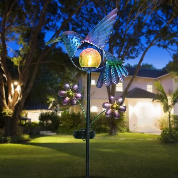SM23192 Glass Hummingbird Solar Stake Light with Metal Iron Animal Design_2