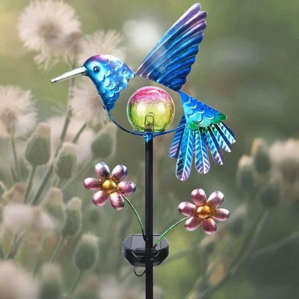 SM23192 Glass Hummingbird Solar Stake Light with Metal Iron Animal Design_3