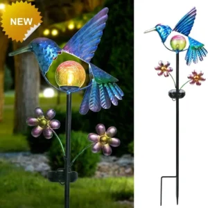 SM23192 Glass Hummingbird Solar Stake Light with Metal Iron Animal Design_4