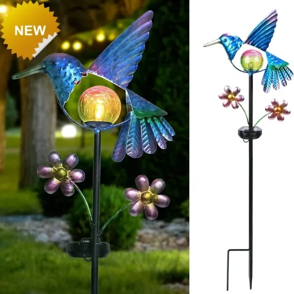 SM23192 Glass Hummingbird Solar Stake Light with Metal Iron Animal Design_4