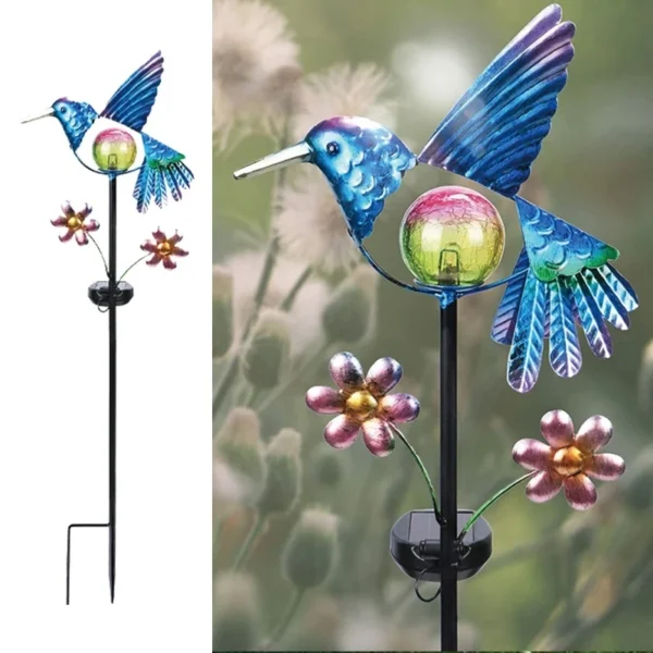 SM23192 Glass Hummingbird Solar Stake Light with Metal Iron Animal Design_5