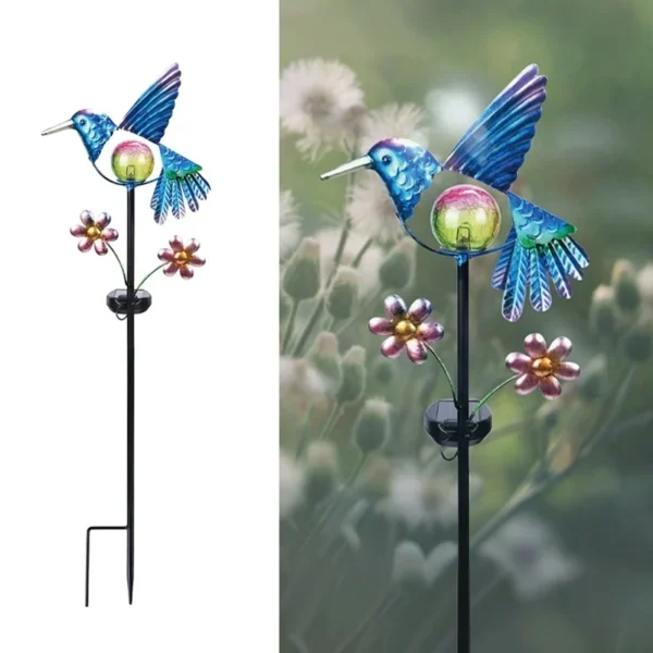 SM23192 Glass Hummingbird Solar Stake Light with Metal Iron Animal Design_6