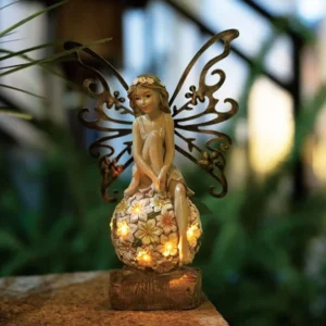 SM23291 Resin Fairy sitting on the Flower Ball Freestanding Decorative Solar Statue