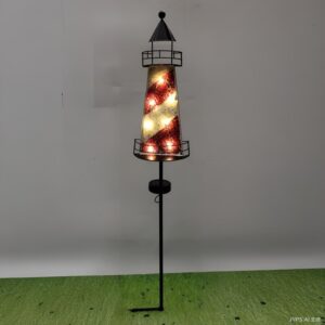 sm23308 Metal Iron Lighthouse withMosaic Glass Decorative Solar Stake Light