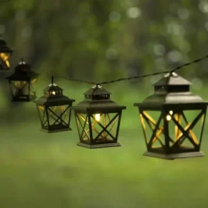 SM23379 Black ABS Plastic 20-LED Solar-Powered Outdoor Lantern String Lights, Hanging Lantern Style