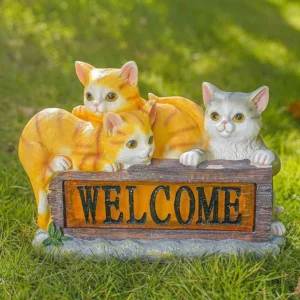 SM23386 Solar Cat Welcome Sign Resin Statue - Freestanding Light Animal Sculpture