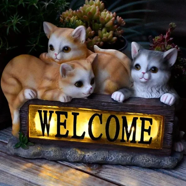 SM23386 Solar Cat Welcome Sign Resin Statue - Freestanding Light Animal Sculpture_2