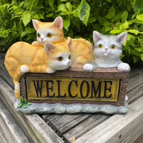 SM23386 Solar Cat Welcome Sign Resin Statue - Freestanding Light Animal Sculpture_3
