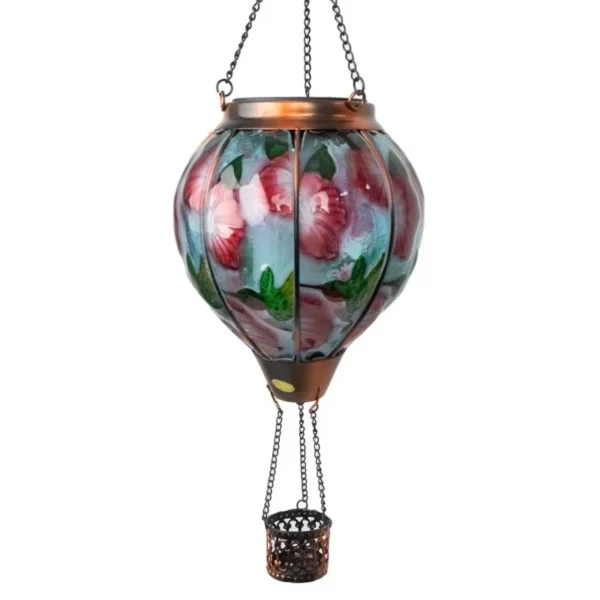 SM23398 Glass and Metal Iron Hot Air Balloon Solar Hanging Lantern Light