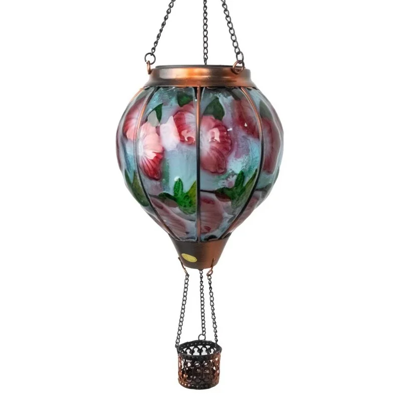 SM23398 Glass and Metal Iron Hot Air Balloon Solar Hanging Lantern Light