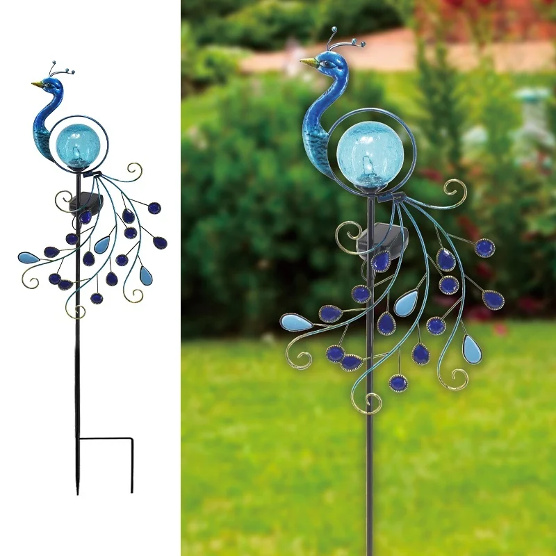 SM23400 Metal Iron + Glass Peacock Solar Stake Light Animal Bird