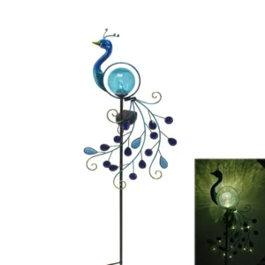 SM23400 Metal Iron + Glass Peacock Solar Stake Light Animal Bird_2