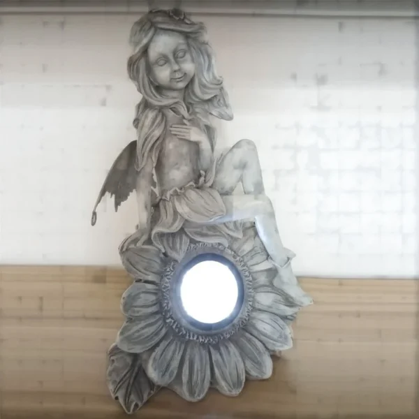 SM23409 White Angel Solar Resin Statue with Base, Small Decorative Freestanding Light
