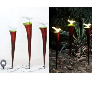 SM23440 Set of 3 Solar Garden Stake Lights - Metal Iron + Fiber Flame
