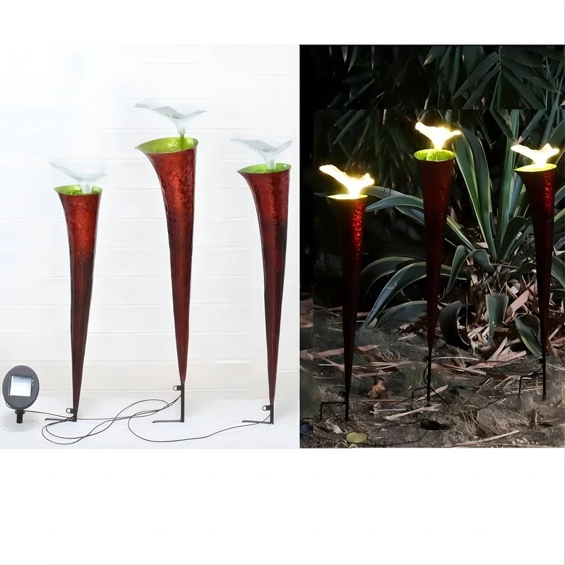SM23440 Set of 3 Solar Garden Stake Lights - Metal Iron + Fiber Flame
