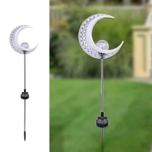SM23465 Acrylic Moon-Shaped Solar Stake Light with Metal Iron and Cracked Glass Globe