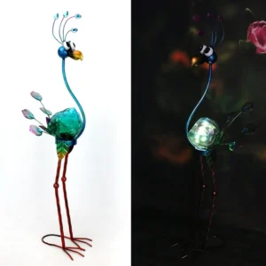 SM23522 Glass Peacock Solar Freestanding Light with Metal Iron Animal Bird Design
