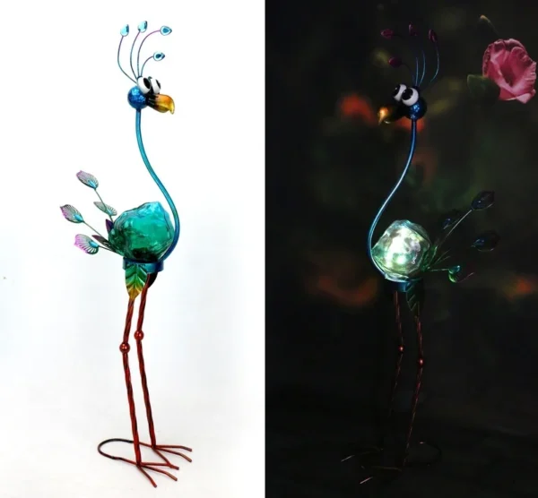 SM23522 Glass Peacock Solar Freestanding Light with Metal Iron Animal Bird Design