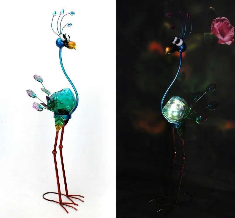 SM23522 Glass Peacock Solar Freestanding Light with Metal Iron Animal Bird Design