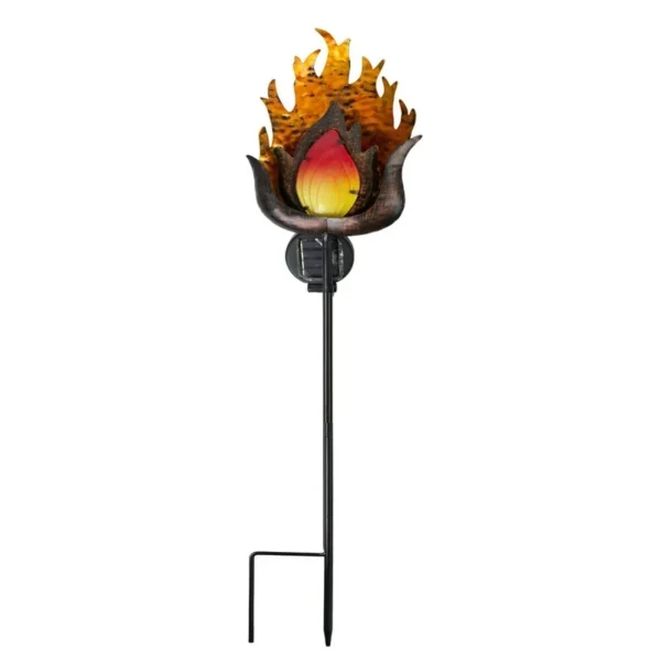 SM23529 Jumbo Modern Black Metal Iron + Glass Solar Flame Stake Light