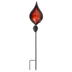 SM23530 Large White Textured Metal Iron + Glass Solar Flame Stake Light