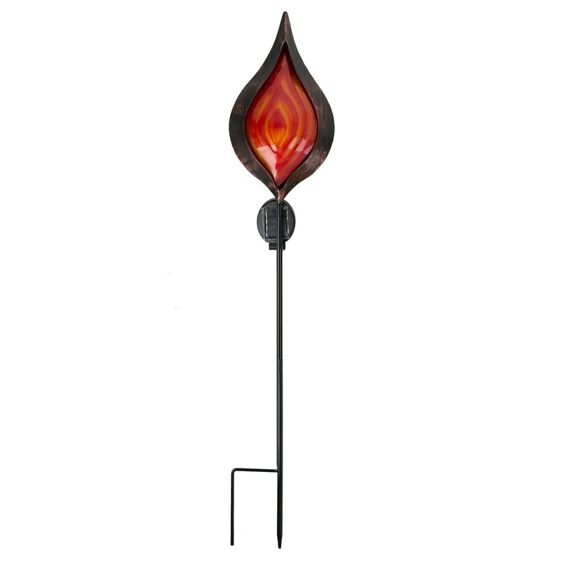 SM23530 Large White Textured Metal Iron + Glass Solar Flame Stake Light