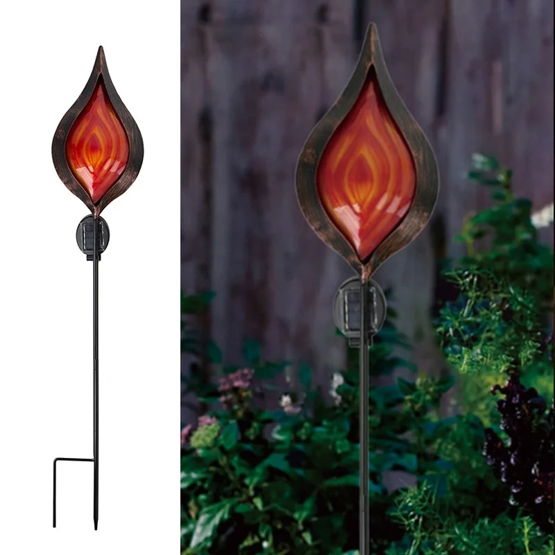 SM23530 Large White Textured Metal Iron + Glass Solar Flame Stake Light_2