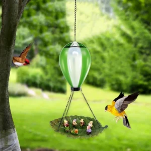 SM23576 Resin Statue Hot Air Balloon Solar Hanging Light with Animal Bird Feeder