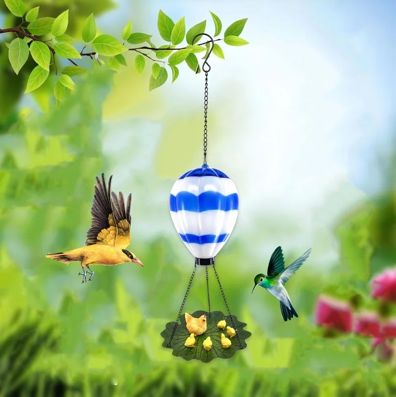SM23577 Resin Statue Hot Air Balloon Solar Hanging Light with Bird Feeder, Decorative Animal Design, Green and White, Large with Chain