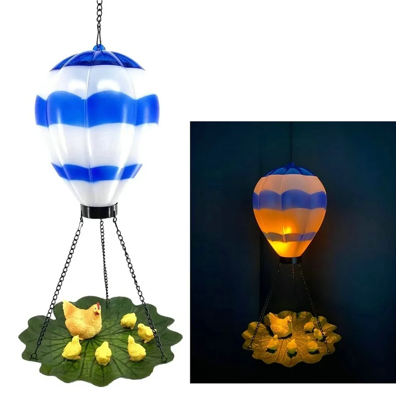 SM23577 Resin Statue Hot Air Balloon Solar Hanging Light with Bird Feeder, Decorative Animal Design, Green and White, Large with Chain_2