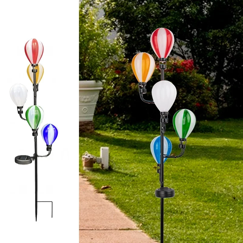 SM23590 Small Plastic PP Solar Stake Light with Blue and White Striped Hot Air Balloon Design, Decorative with Stand