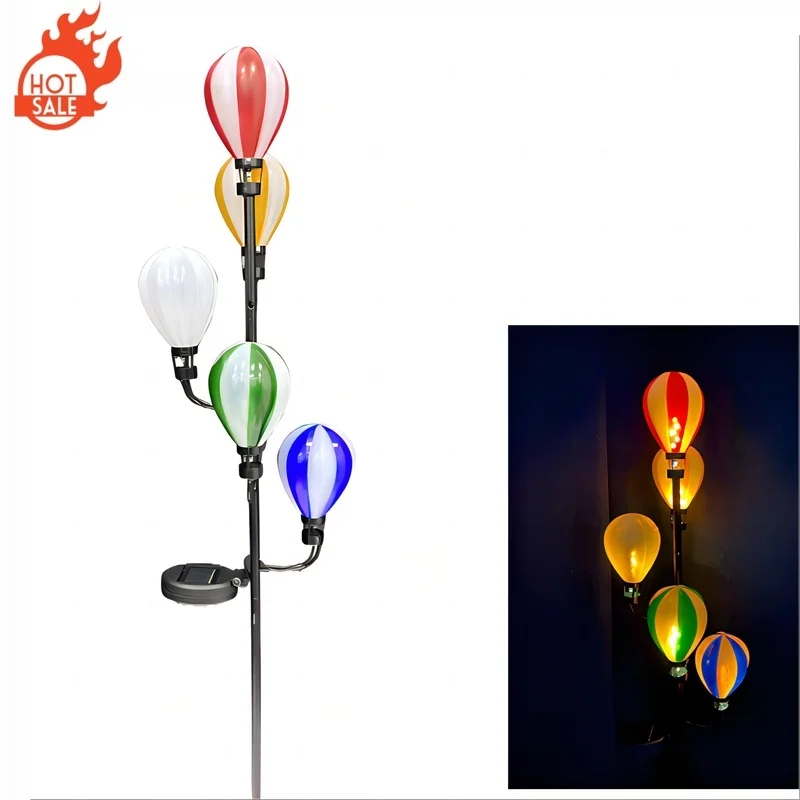 SM23590 Small Plastic PP Solar Stake Light with Blue and White Striped Hot Air Balloon Design, Decorative with Stand_2