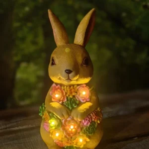 SM24028 Large White Textured Resin Solar Rabbit Statue with Freestanding Light, Decorative with Flowers