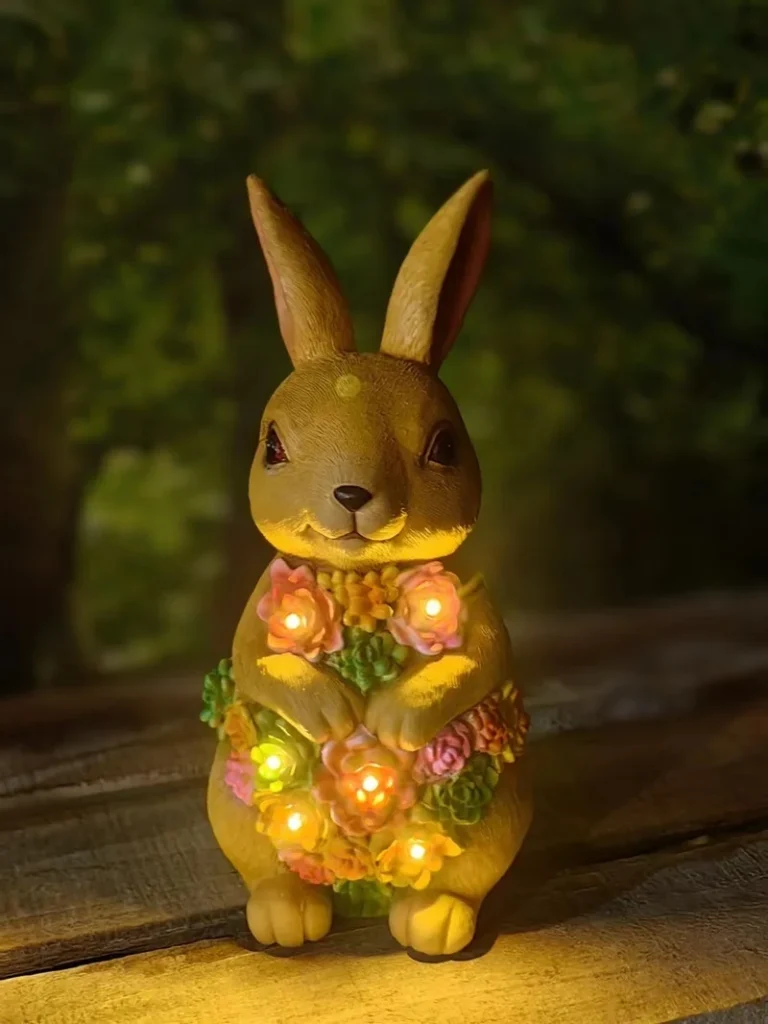 SM24028 Large White Textured Resin Solar Rabbit Statue with Freestanding Light, Decorative with Flowers