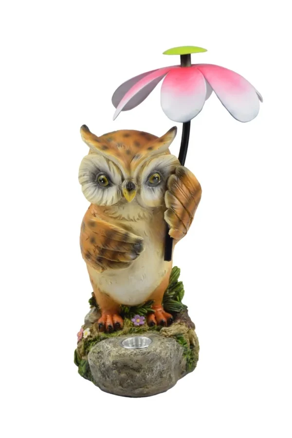 SM241107 Solar Owl Bird Resin Statue with Flower Animal Freestanding Light