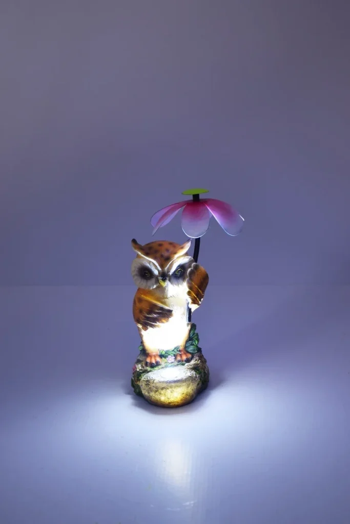 SM241107 Solar Owl Bird Resin Statue with Flower Animal Freestanding Light_2