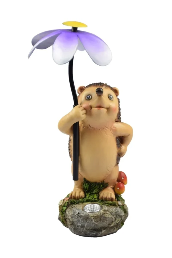 SM241115 - Solar Hedgehog Resin Statue with Flower, Freestanding Light Animal Decor