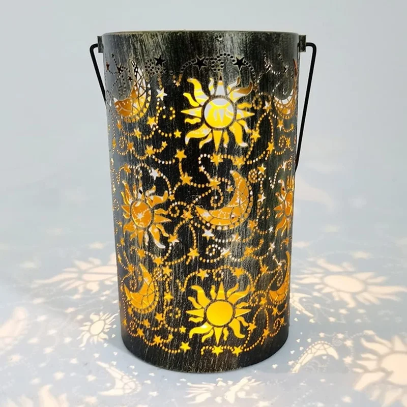 SM241129 Hollow Out Sun and Moon Metal Iron Solar Ground Plug Lamp Tabletop Lantern_7