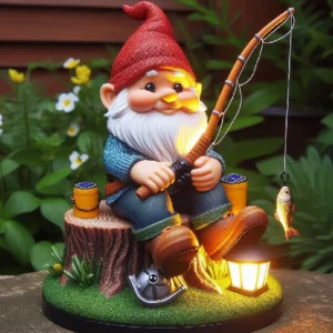 SM24180 Large Green Resin Garden Gnome Statue with Textured Decorative Base and Solar Freestanding Light