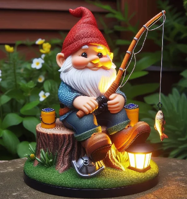 SM24180 Large Green Resin Garden Gnome Statue with Textured Decorative Base and Solar Freestanding Light