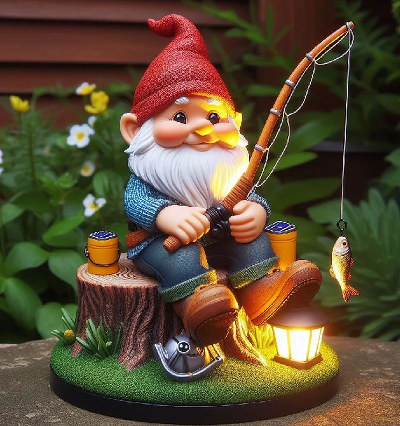 SM24180 Large Green Resin Garden Gnome Statue with Textured Decorative Base and Solar Freestanding Light