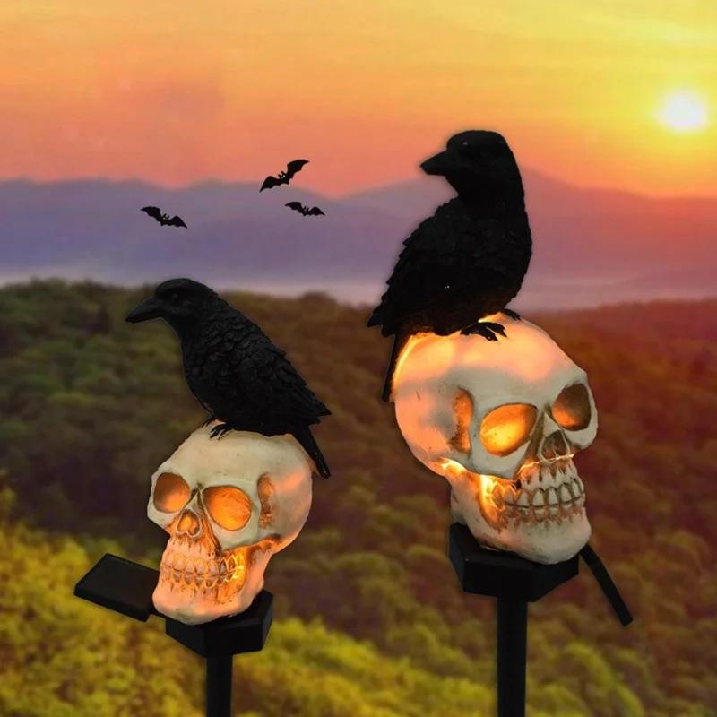 SM24193 Solar Resin Statue - Halloween Crow Skull Freestanding Animal Light