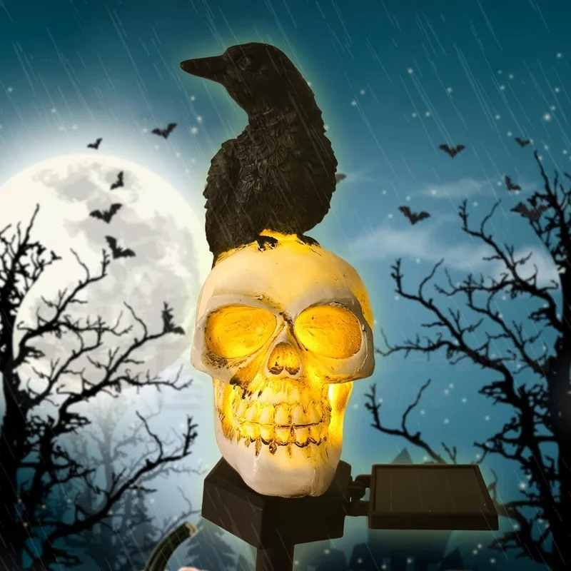 SM24193 Solar Resin Statue - Halloween Crow Skull Freestanding Animal Light_5